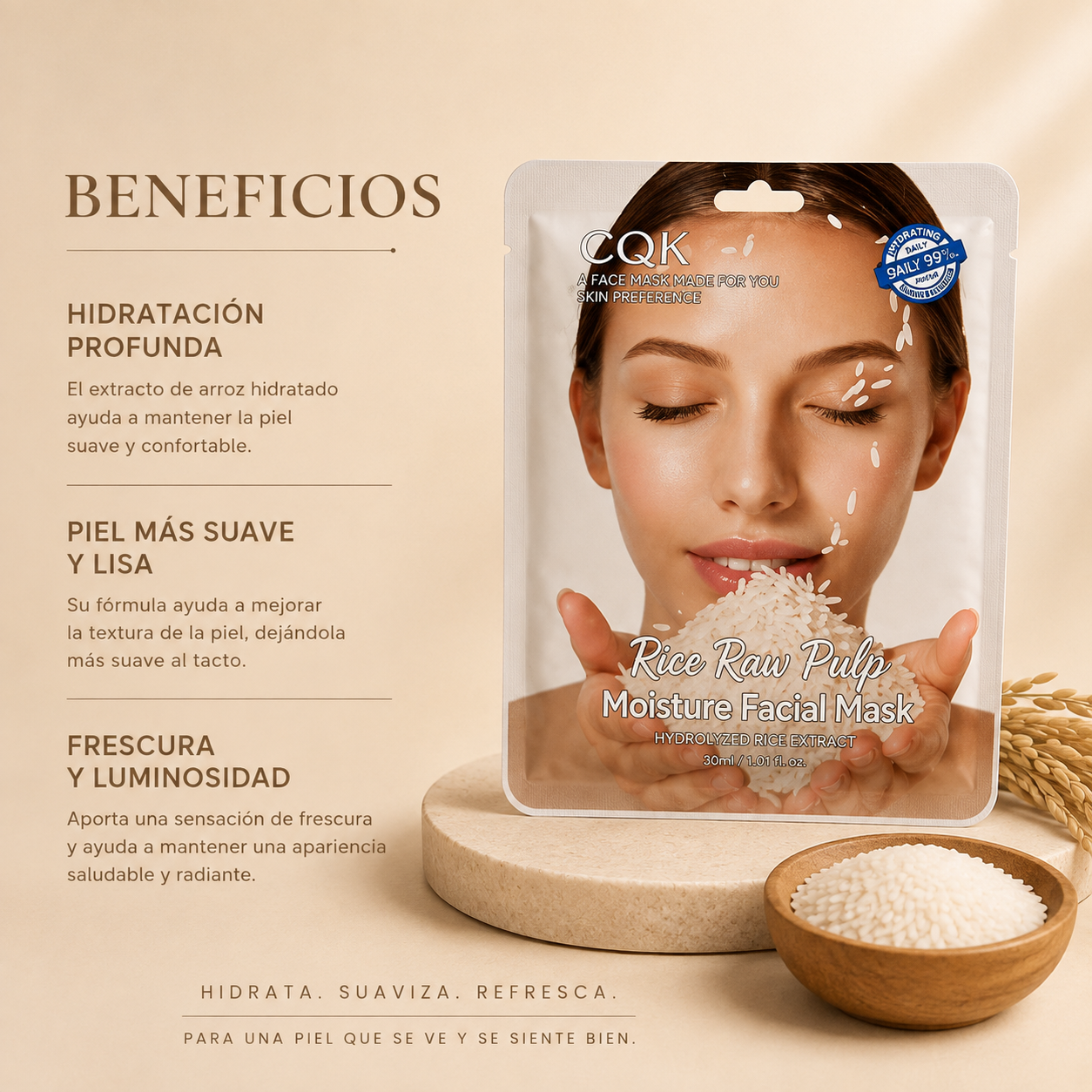 Beneficios de la Mascarilla CQK: hidratación profunda, piel suave y lisa, frescura y luminosidad