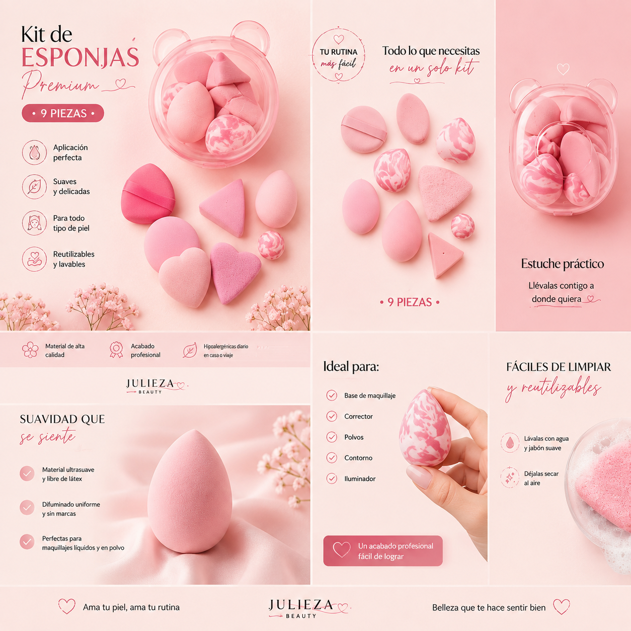 Kit de Esponjas de Maquillaje Premium con Estuche Organizador – 9 Piezas Lila