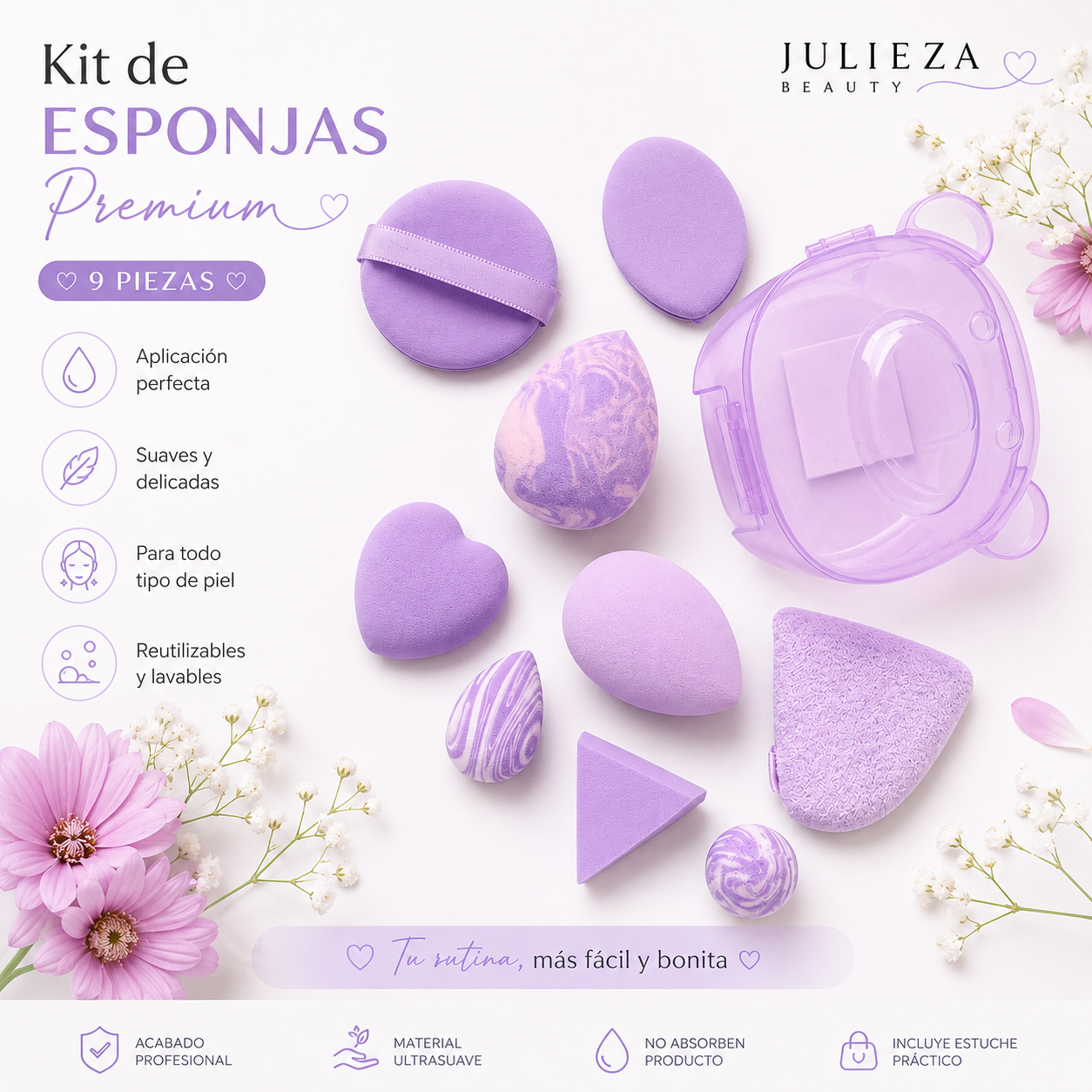 Kit de Esponjas de Maquillaje Premium con Estuche Organizador – 9 Piezas Lila