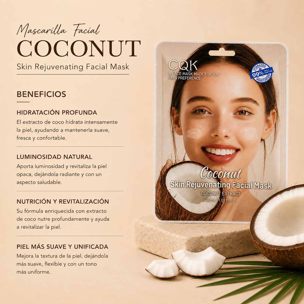 Beneficios de la mascarilla facial de coco CQK para la piel