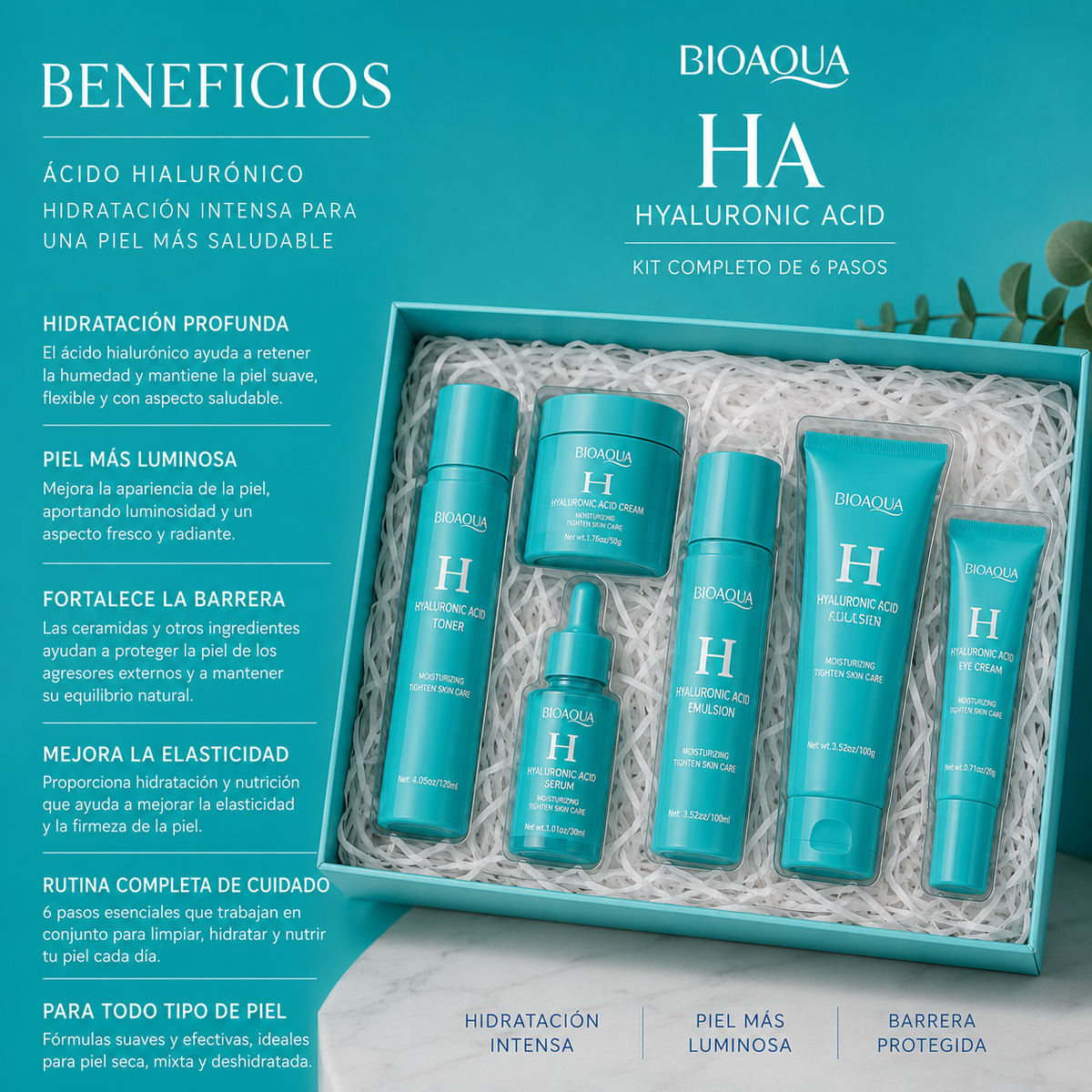 Kit Completo de Ácido Hialurónico Bioaqua – Rutina Facial de 6 Pasos