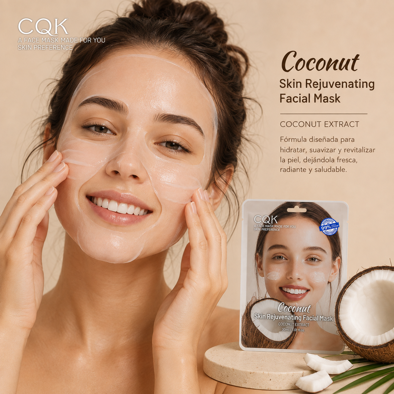 Mujer aplicando mascarilla facial de coco para hidratar y revitalizar la piel