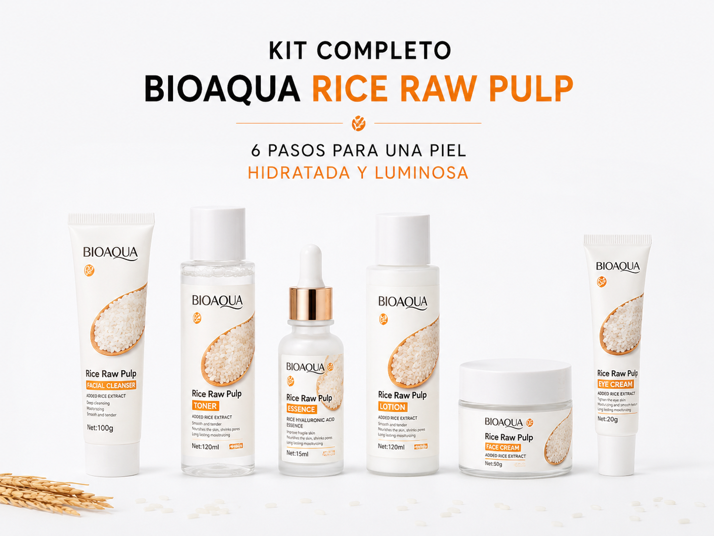 Kit Facial Bioaqua Rice Raw Pulp de Arroz - Rutina Completa 6 Piezas