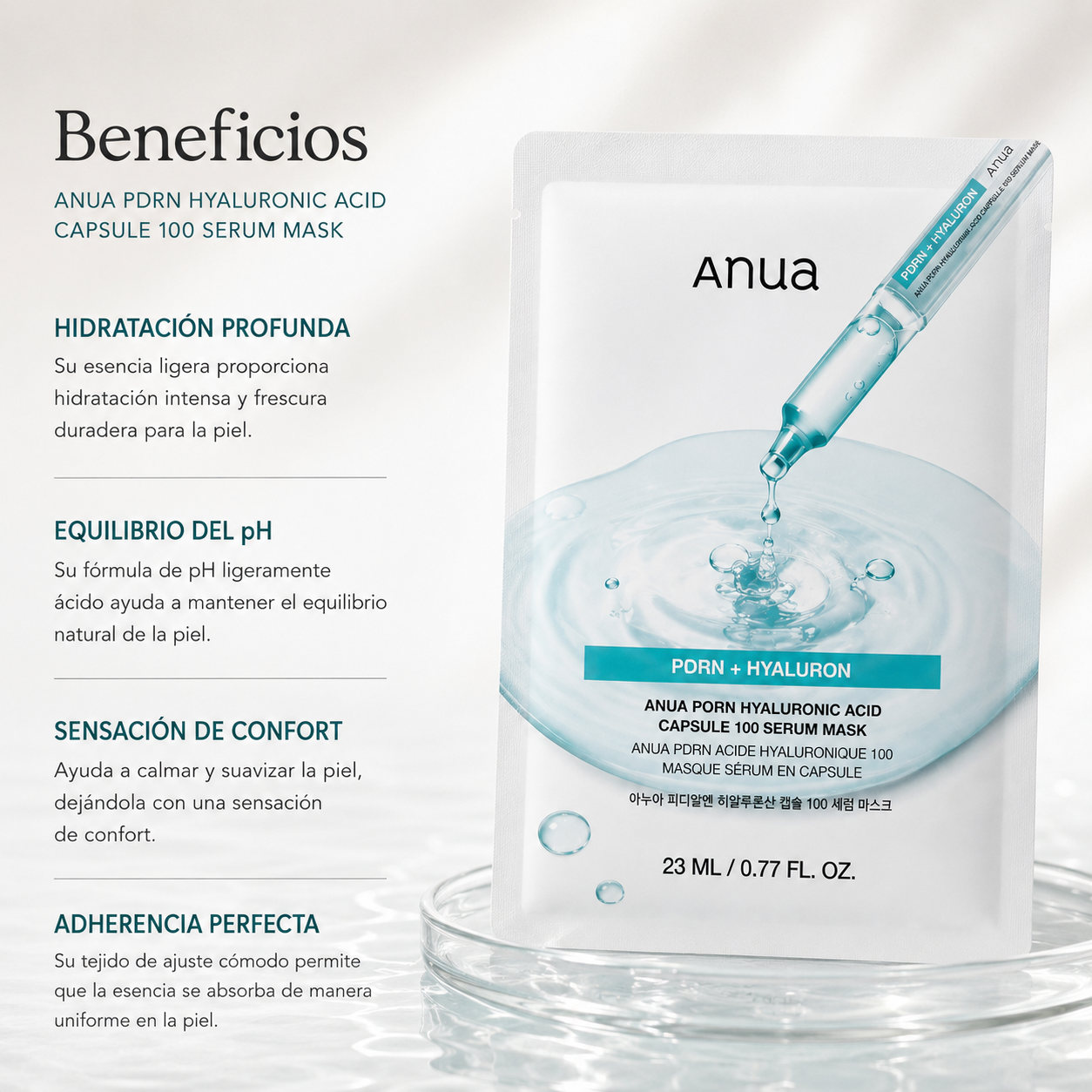 Mascarilla facial Anua Mild Acidic pH Sheet Mask con beneficios de hidratación profunda, equilibrio del pH, sensación de confort y ajuste perfecto sobre la piel.