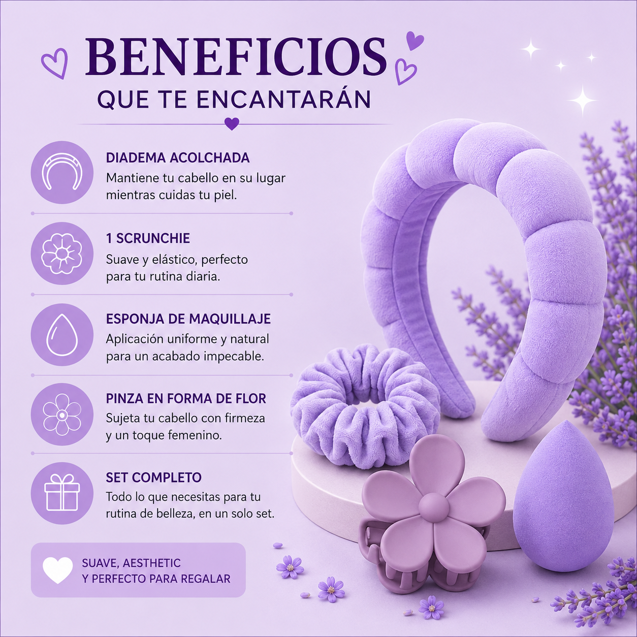 Beneficios del set de accesorios de skincare lila para una rutina de belleza más cómoda y práctica.
