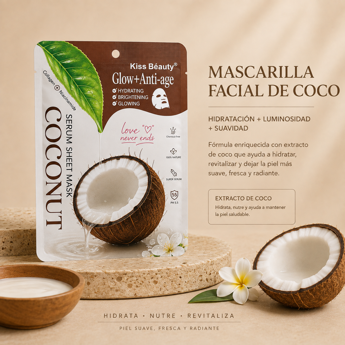 Mascarilla Facial de Coco Glow + Anti-Age – Kiss Beauty