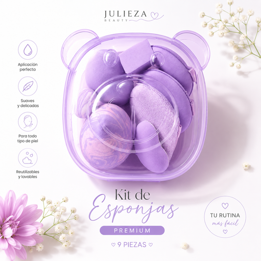 Kit de Esponjas de Maquillaje Premium con Estuche Organizador – 9 Piezas Lila