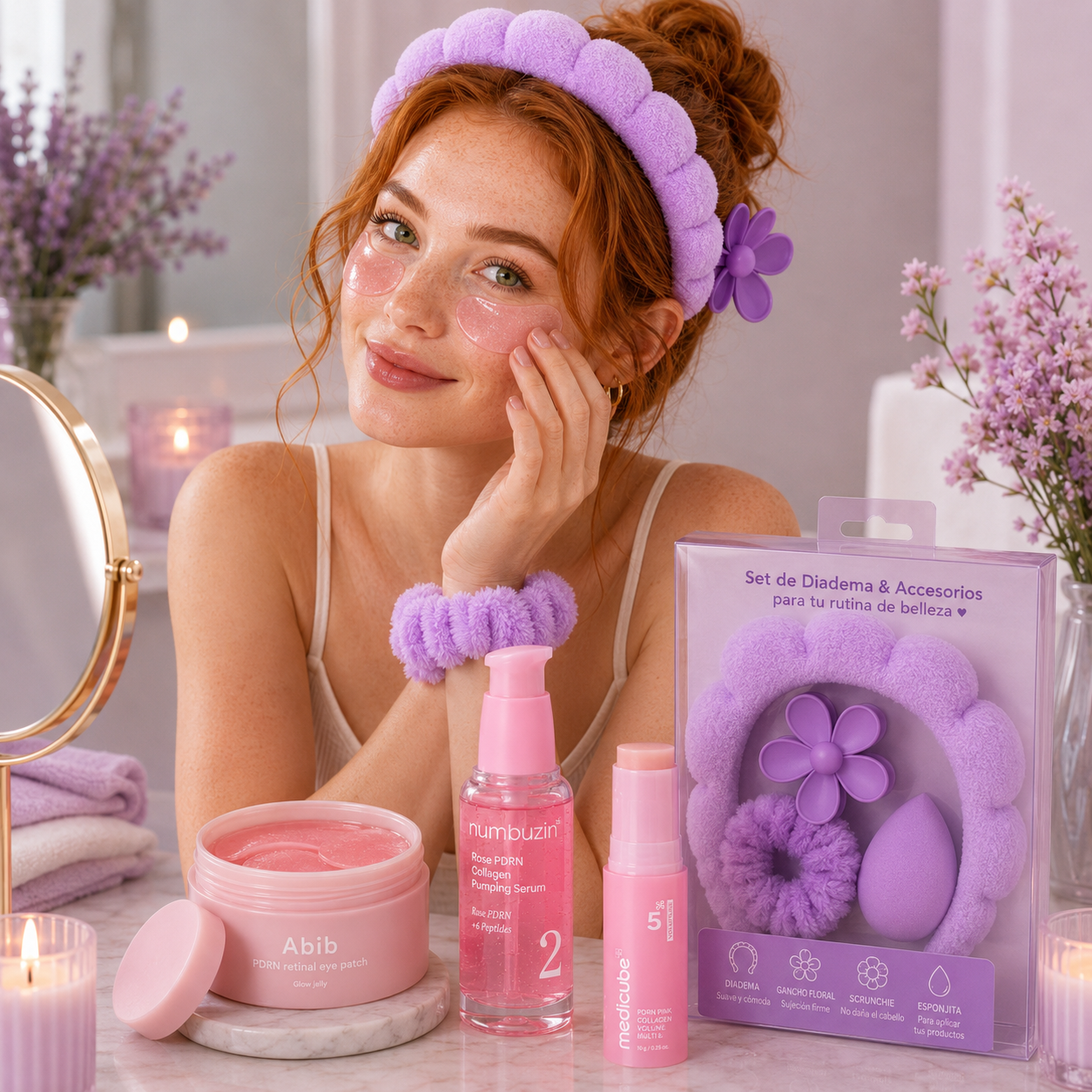 Mujer realizando su rutina de skincare con accesorios y productos de belleza Julieza.