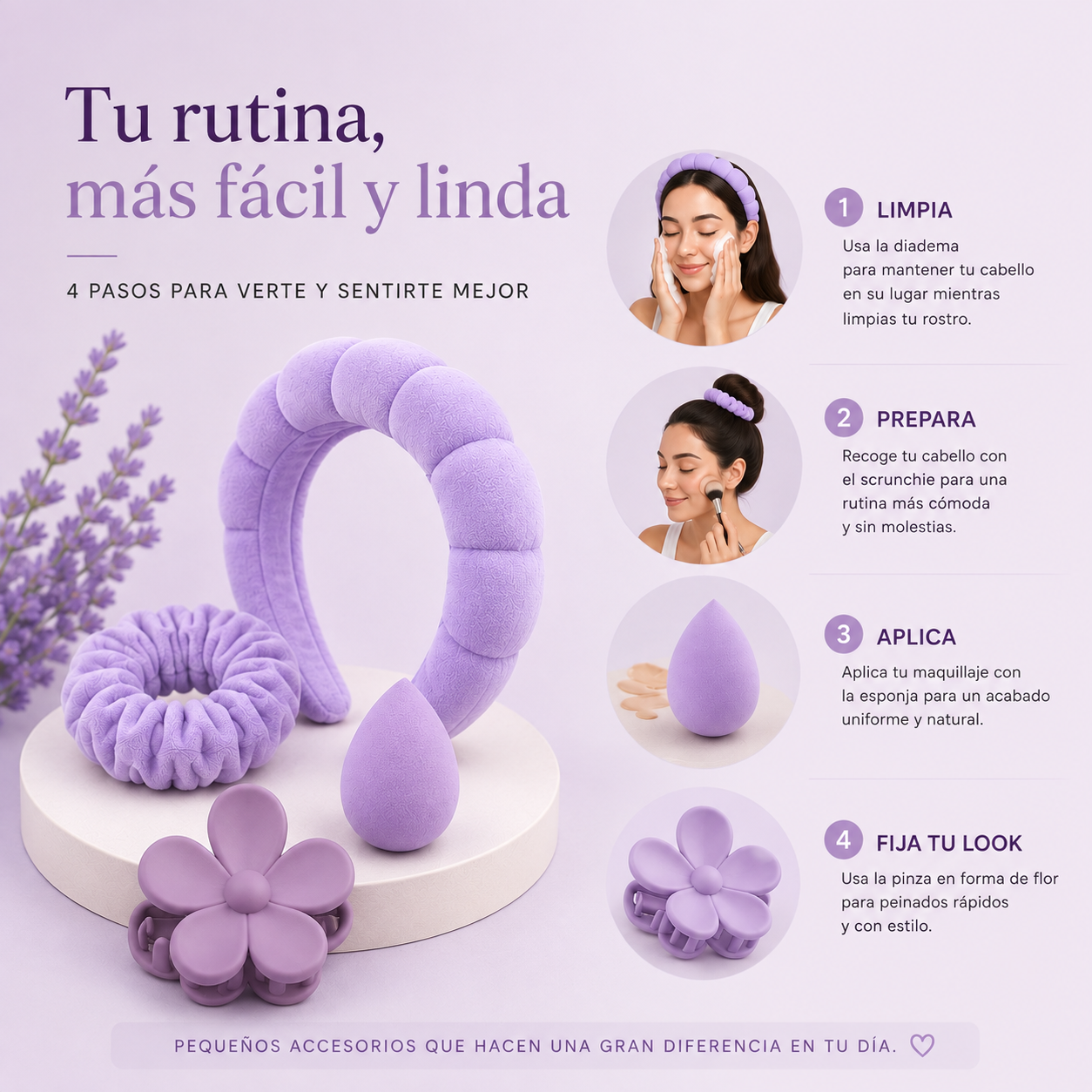 Tu rutina más fácil y linda con diadema, scrunchie, esponja de maquillaje y pinza floral.