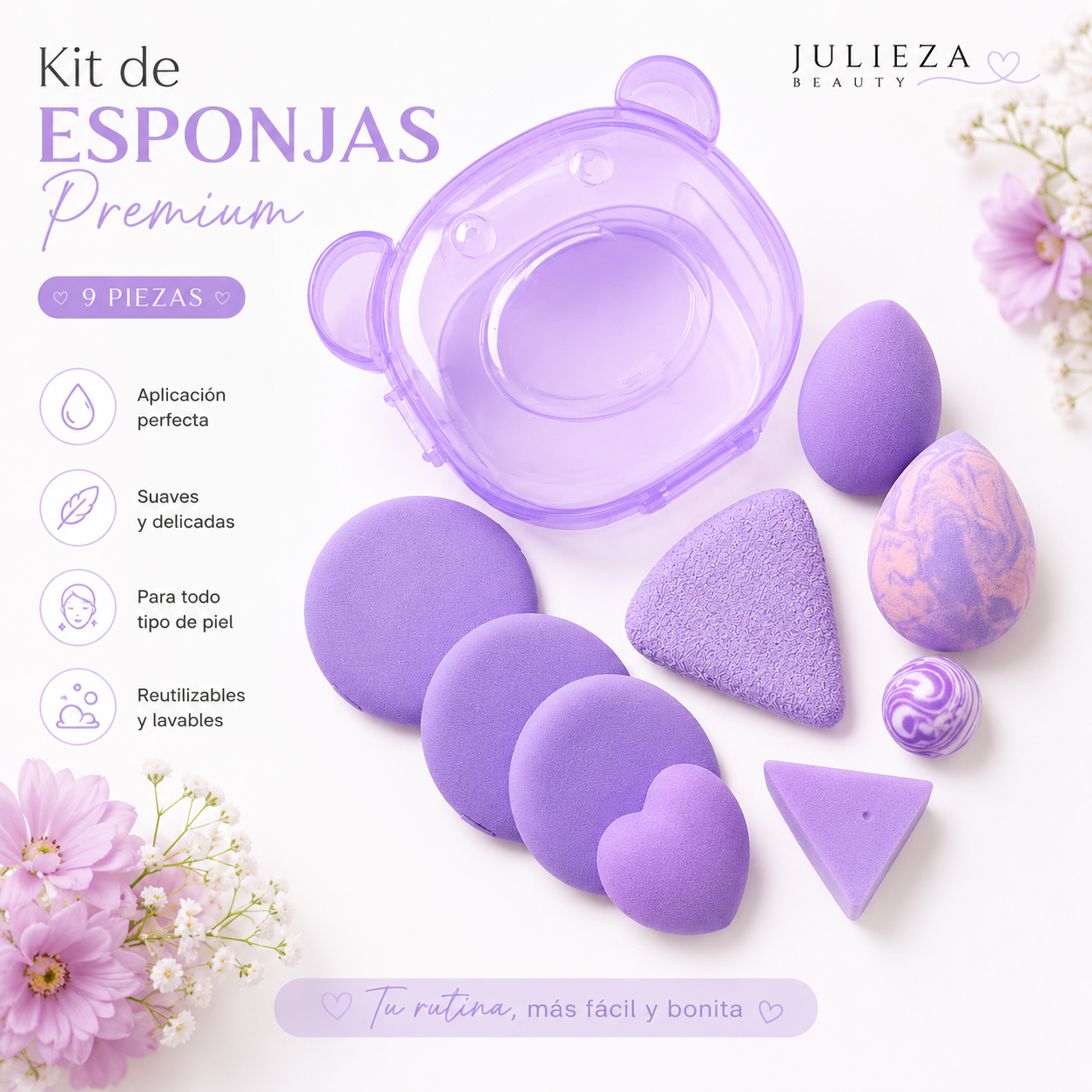 Kit de Esponjas de Maquillaje Premium con Estuche Organizador – 9 Piezas Lila