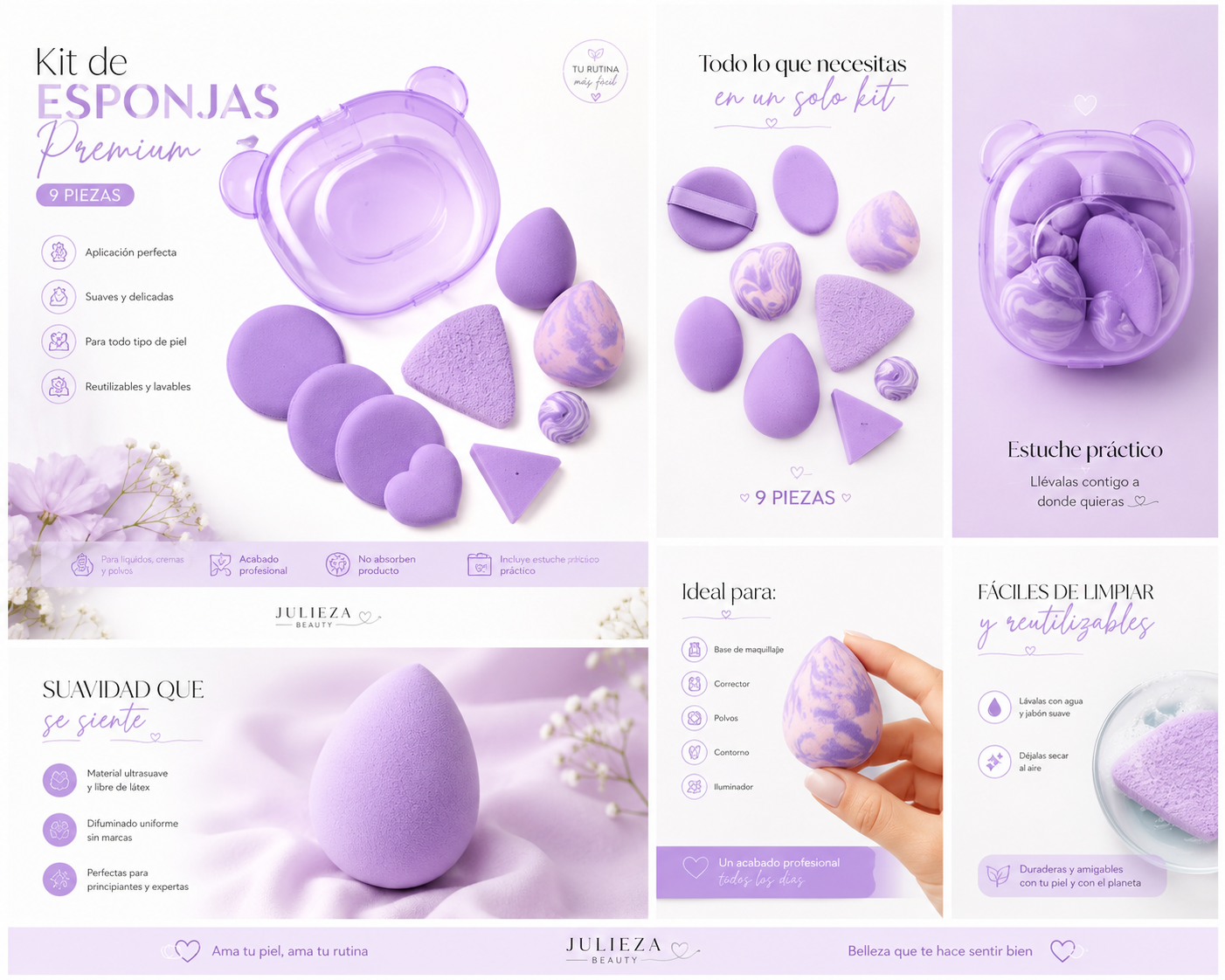 Kit de Esponjas de Maquillaje Premium con Estuche Organizador – 9 Piezas Lila