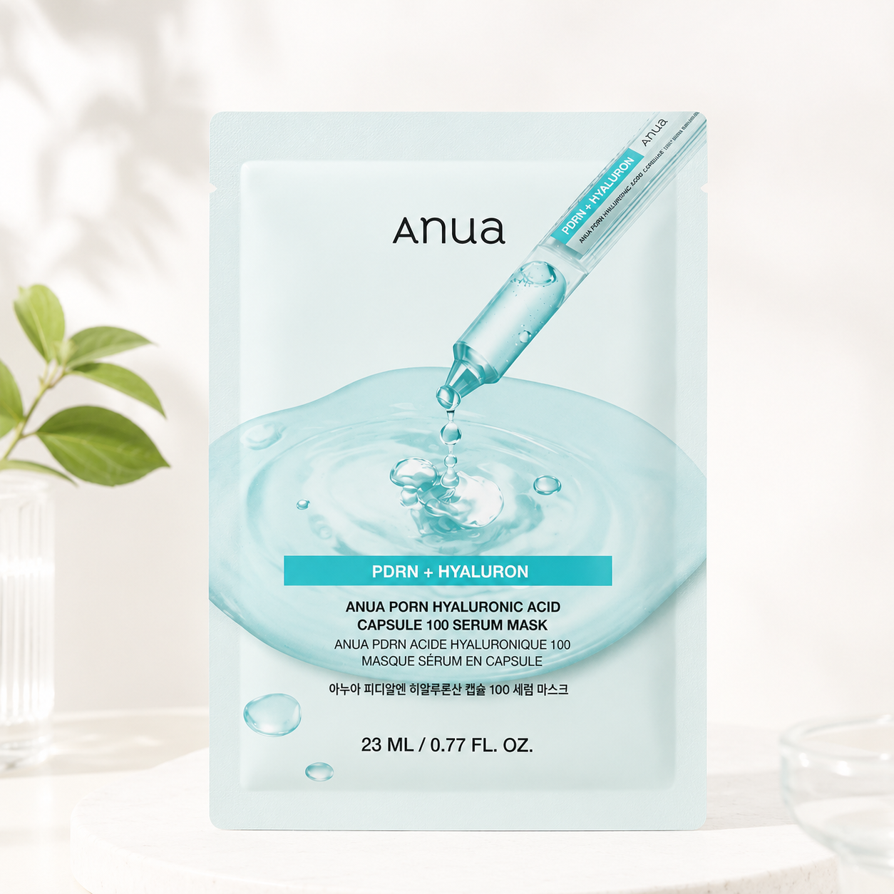 Mascarilla facial Anua PDRN Hyaluronic Acid Capsule 100 Serum Mask con PDRN y ácido hialurónico, sobre fondo claro y minimalista.