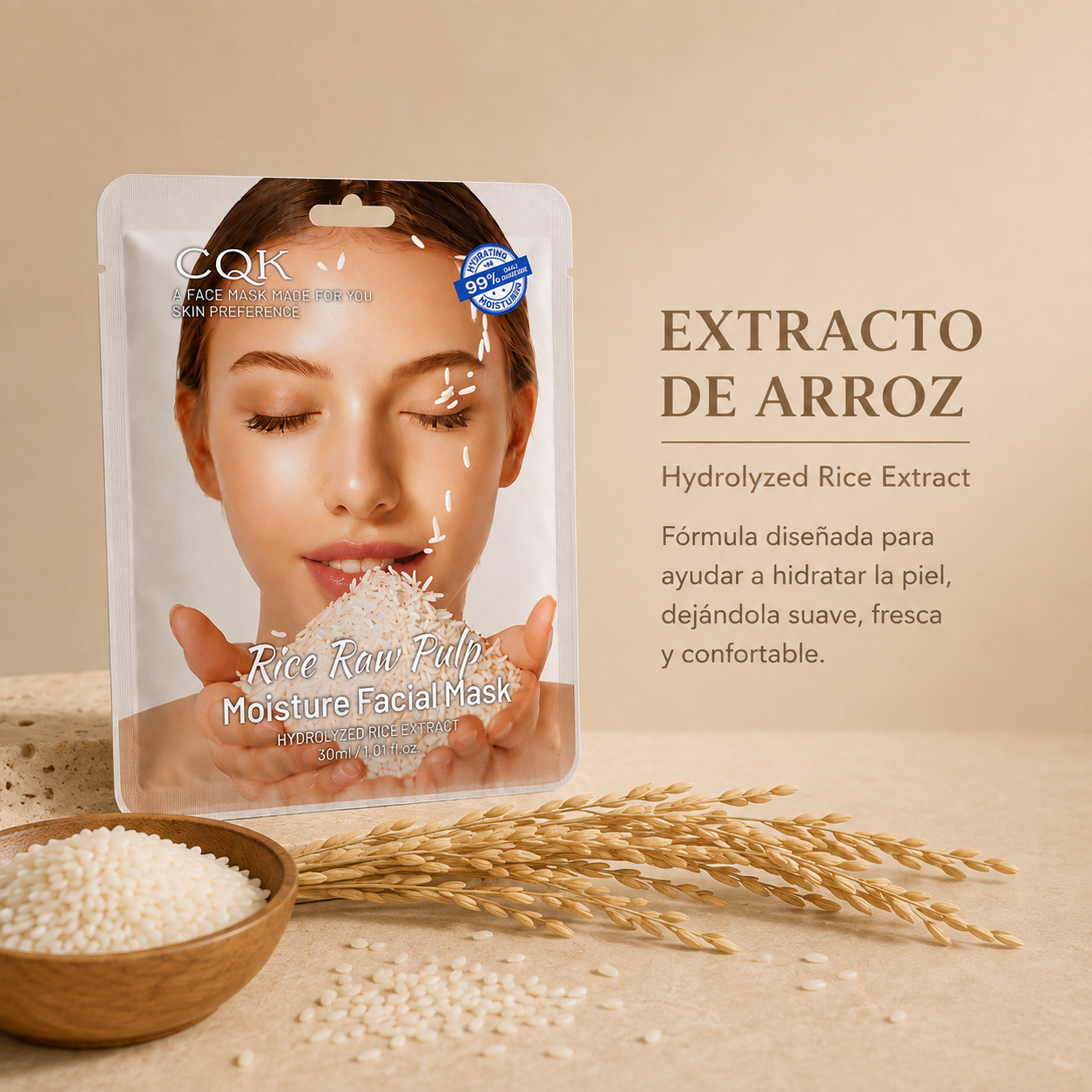 Empaque CQK Rice Raw Pulp con texto Extracto de Arroz Hydrolyzed Rice Extract, fórmula hidratante