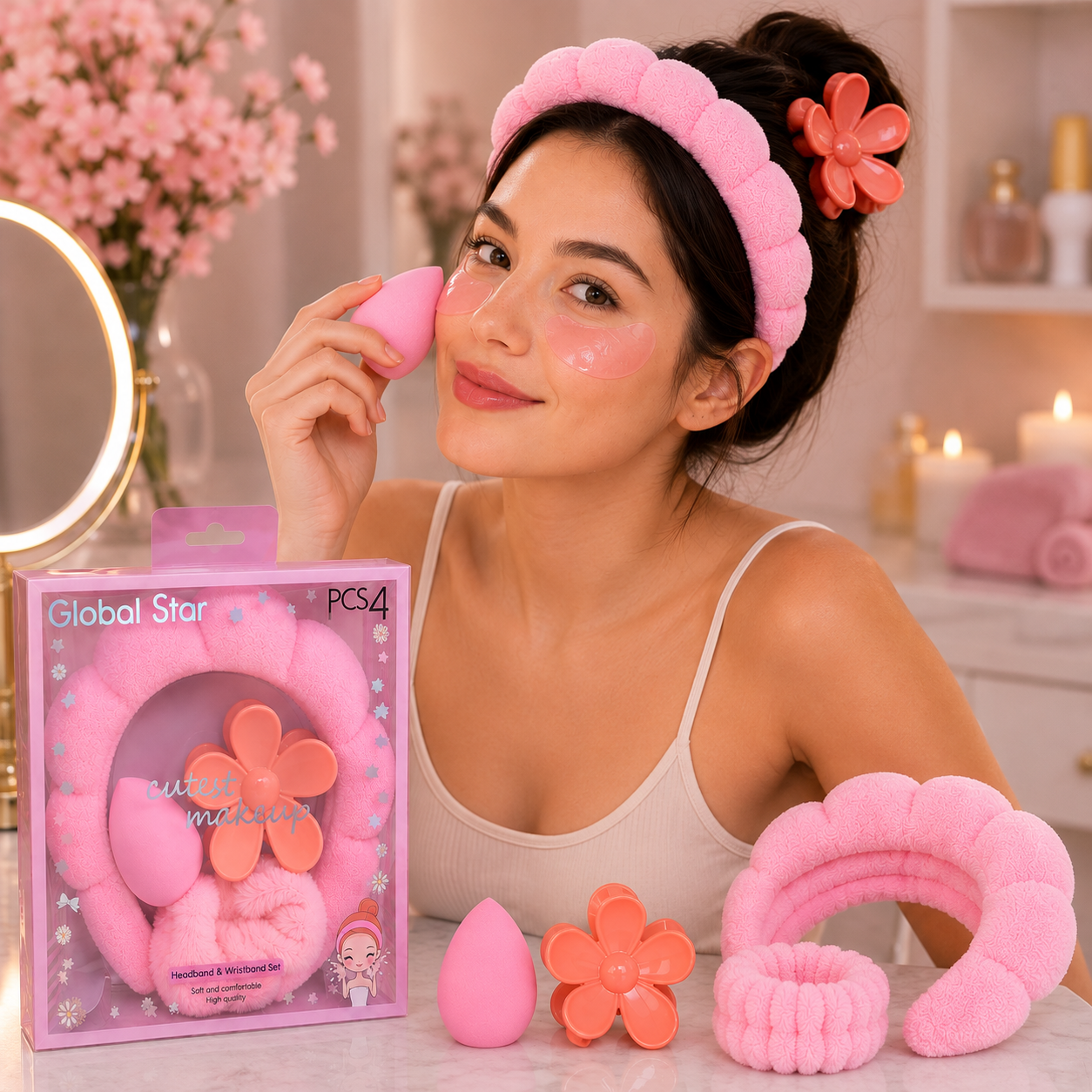 Modelo utilizando el set rosa para su rutina de cuidado facial con diadema y accesorios para el cabello.