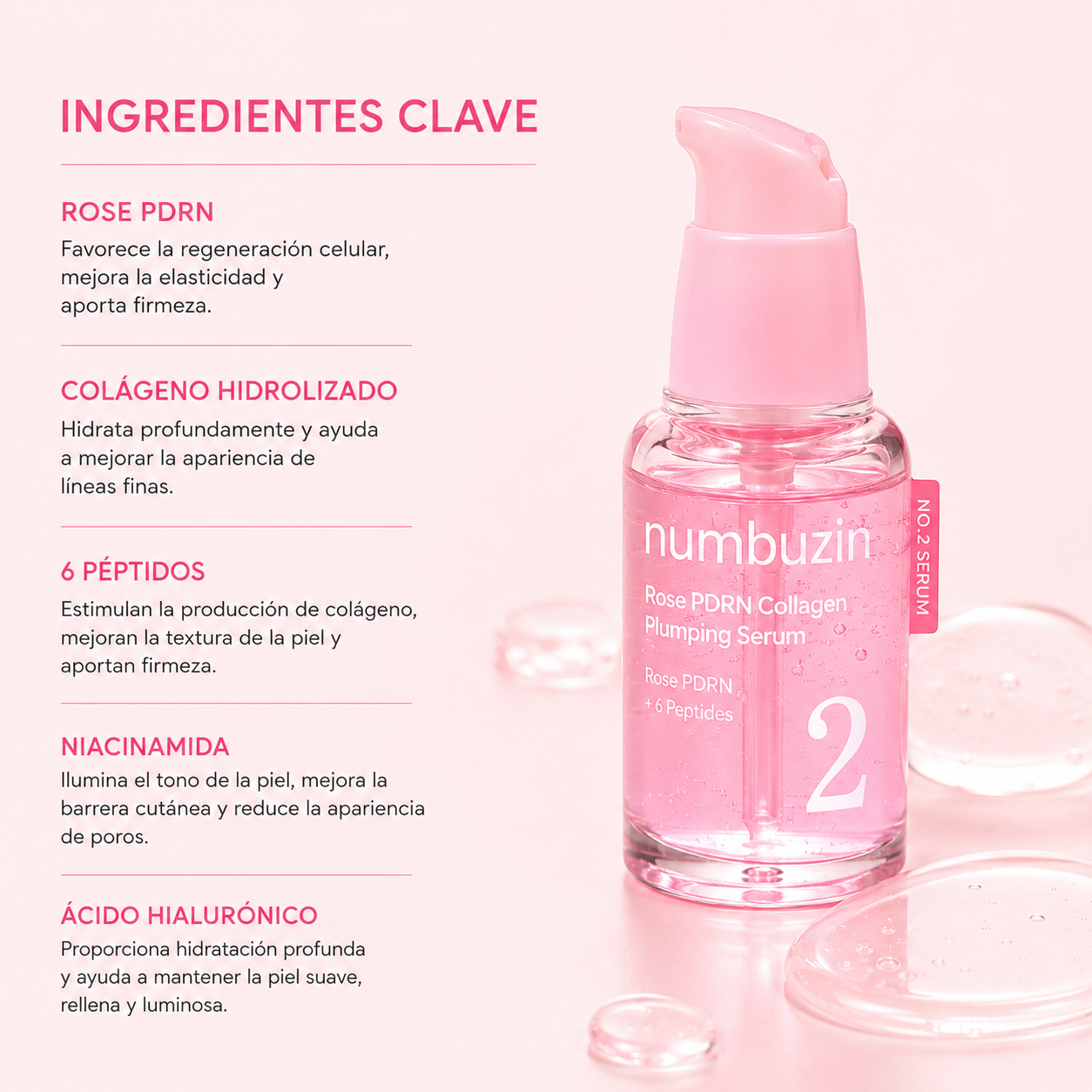 Numbuzin No.2 Rose PDRN Collagen Plumping Serum | Sérum Reafirmante con Rose PDRN, Colágeno y 6 Péptidos