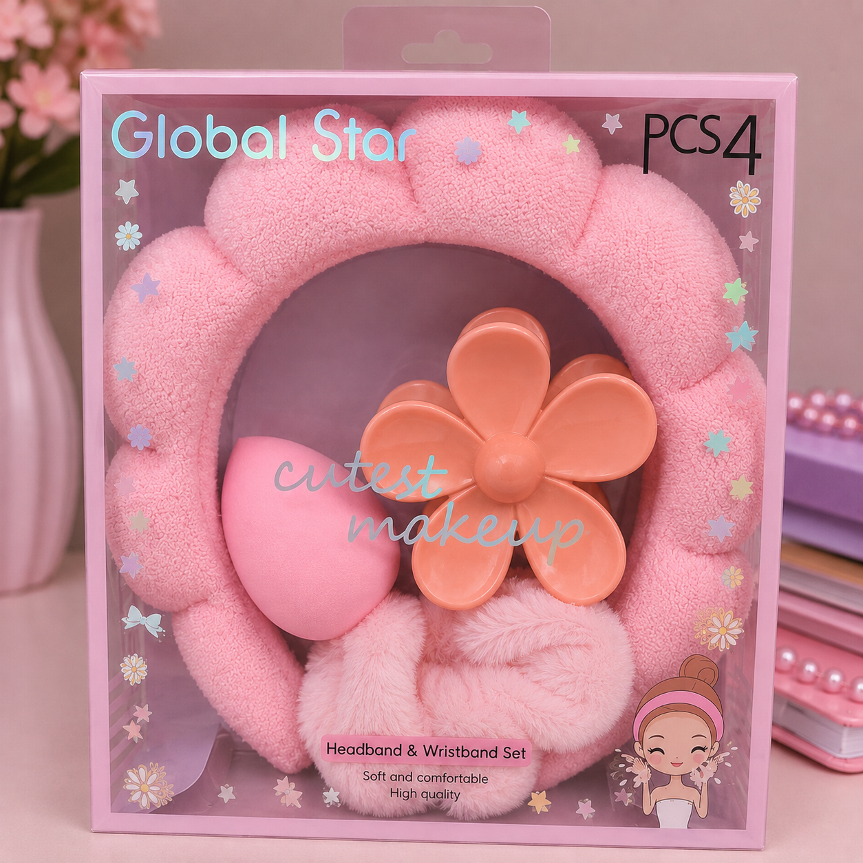 Set skincare rosa con diadema acolchada, scrunchie, esponja y pinza de flor color melón.