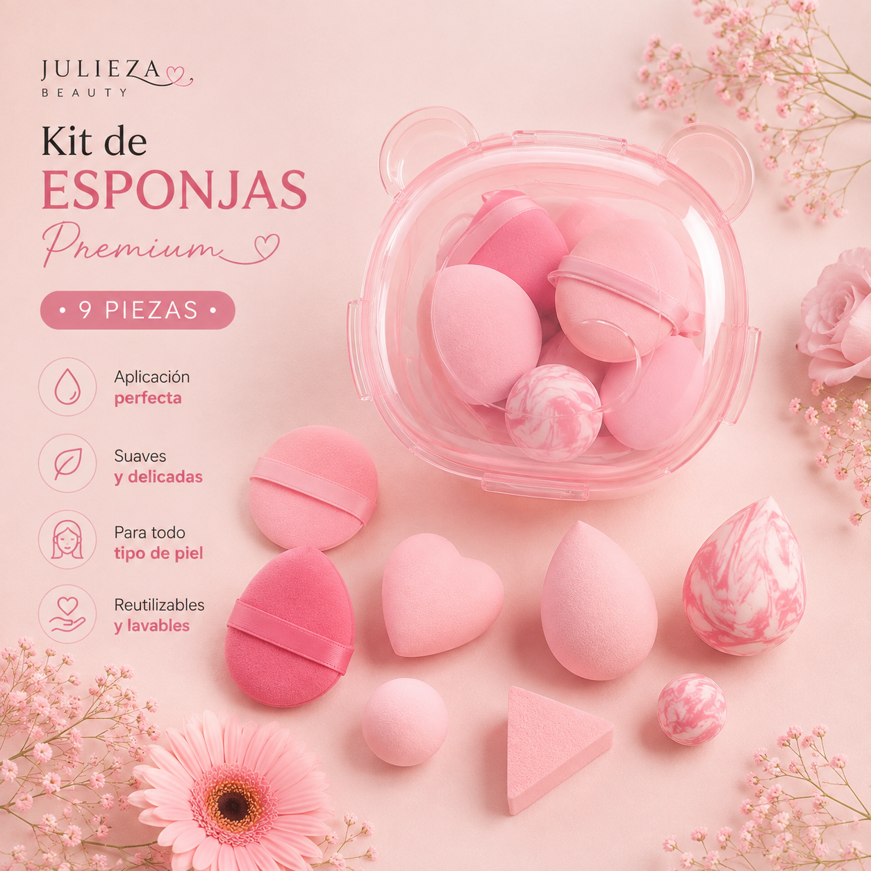 Kit de Esponjas de Maquillaje Premium con Estuche Organizador – 9 Piezas Lila