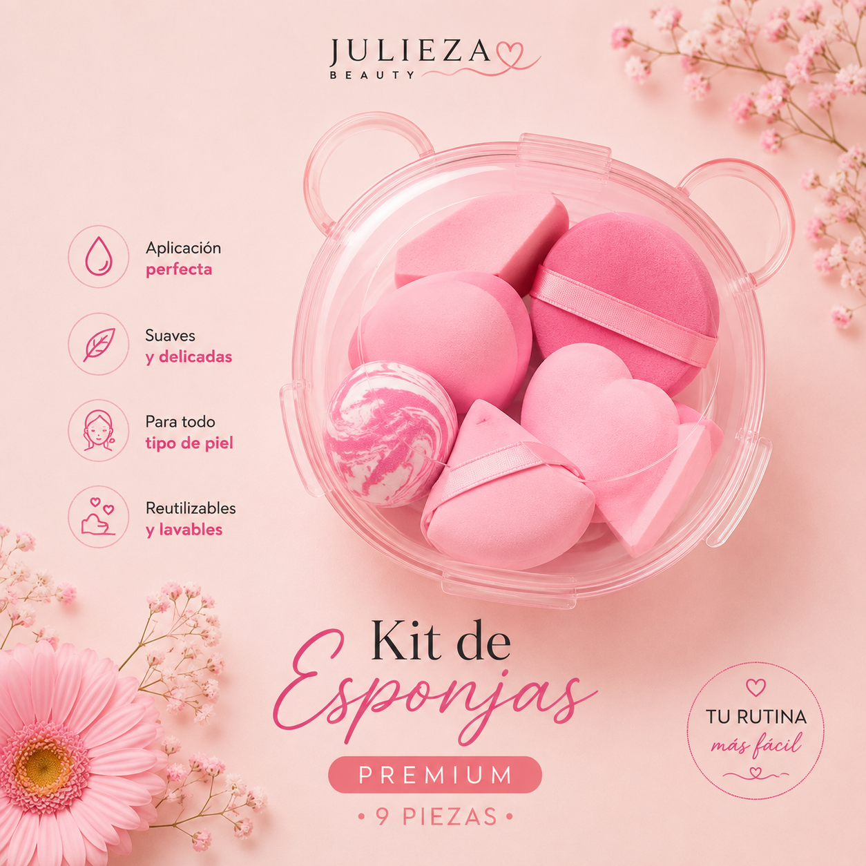 Kit de Esponjas de Maquillaje Premium con Estuche Organizador – 9 Piezas Lila