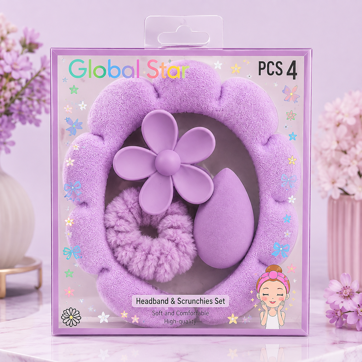 Set Skincare Lila – Diadema Floral + Scrunchies + Esponja | 4 Piezas