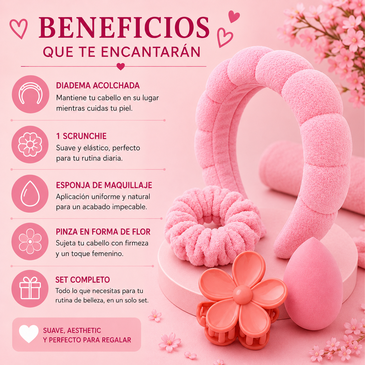 Beneficios del set de belleza rosa: diadema, scrunchie, esponja de maquillaje y pinza floral color melón.