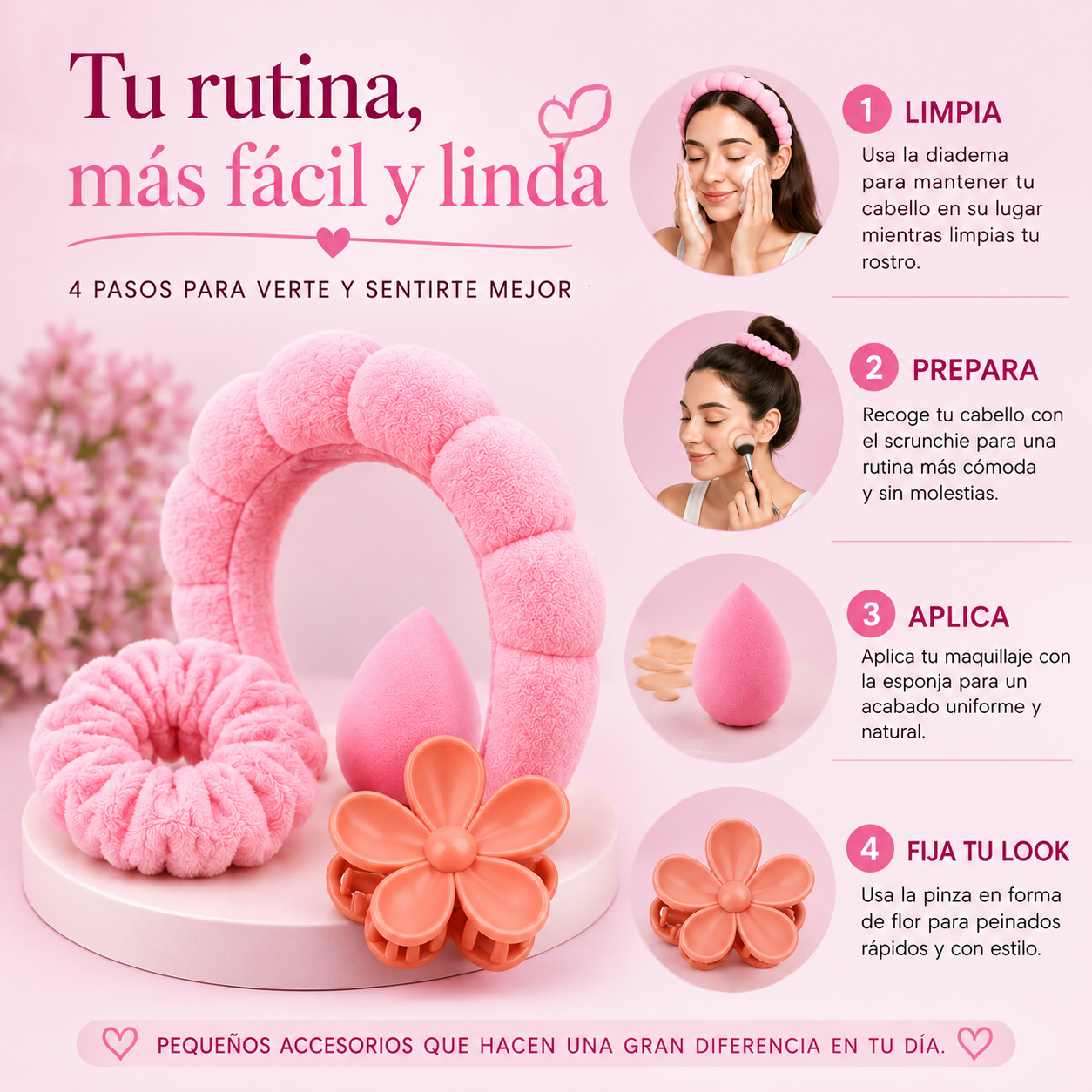Set completo de accesorios de belleza rosa para complementar tu rutina diaria de skincare y maquillaje.