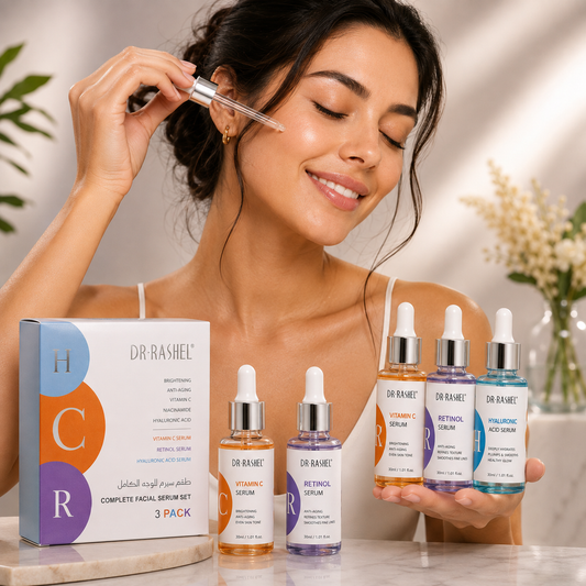 Modelo aplicando sérum facial Dr. Rashel con el kit de Vitamina C, Retinol y Ácido Hialurónico
