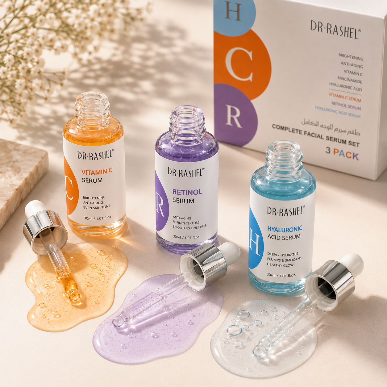 Texturas de los sérums Dr. Rashel de Vitamina C, Retinol y Ácido Hialurónico