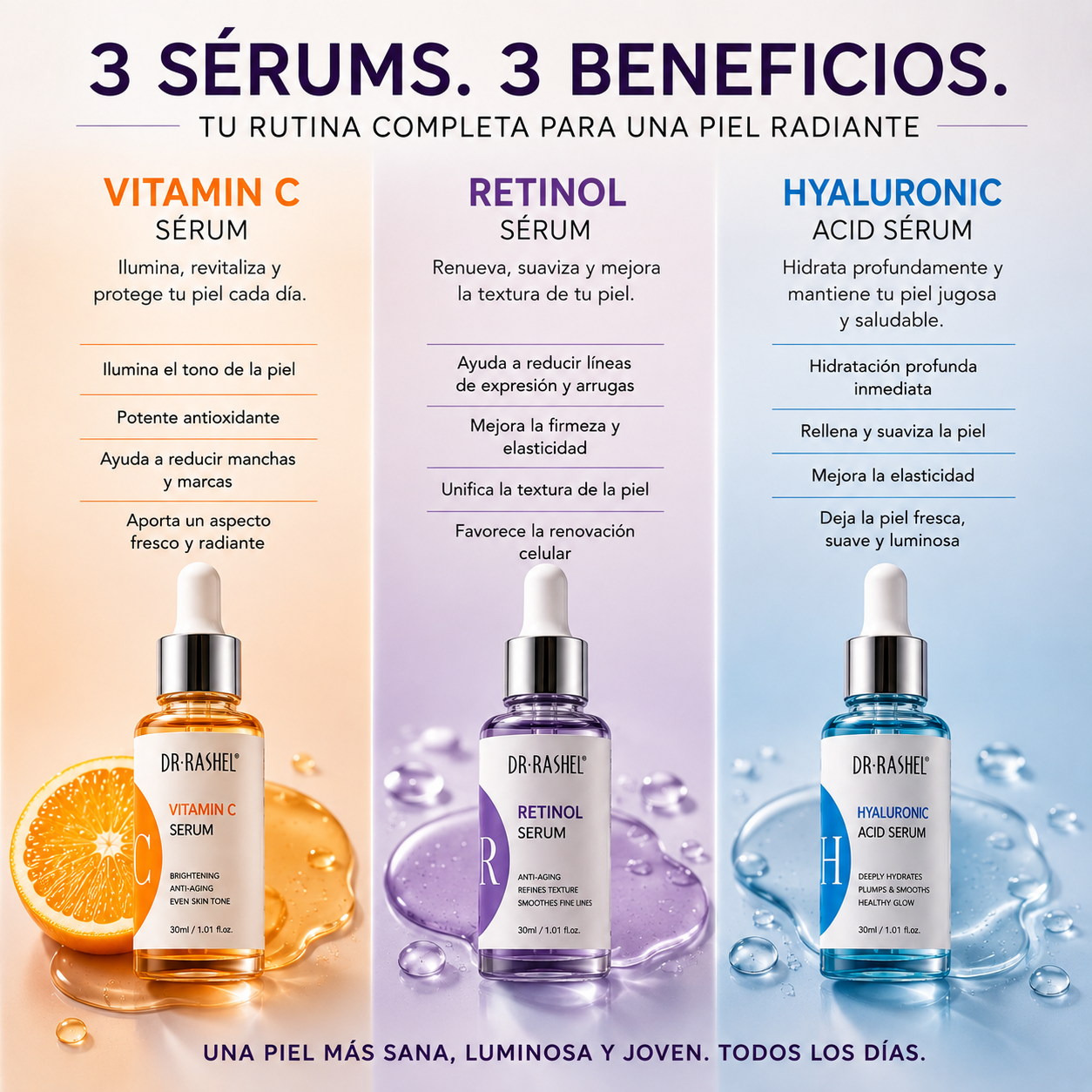 Beneficios de los sérums Dr. Rashel con Vitamina C, Retinol y Ácido Hialurónico para el cuidado facial