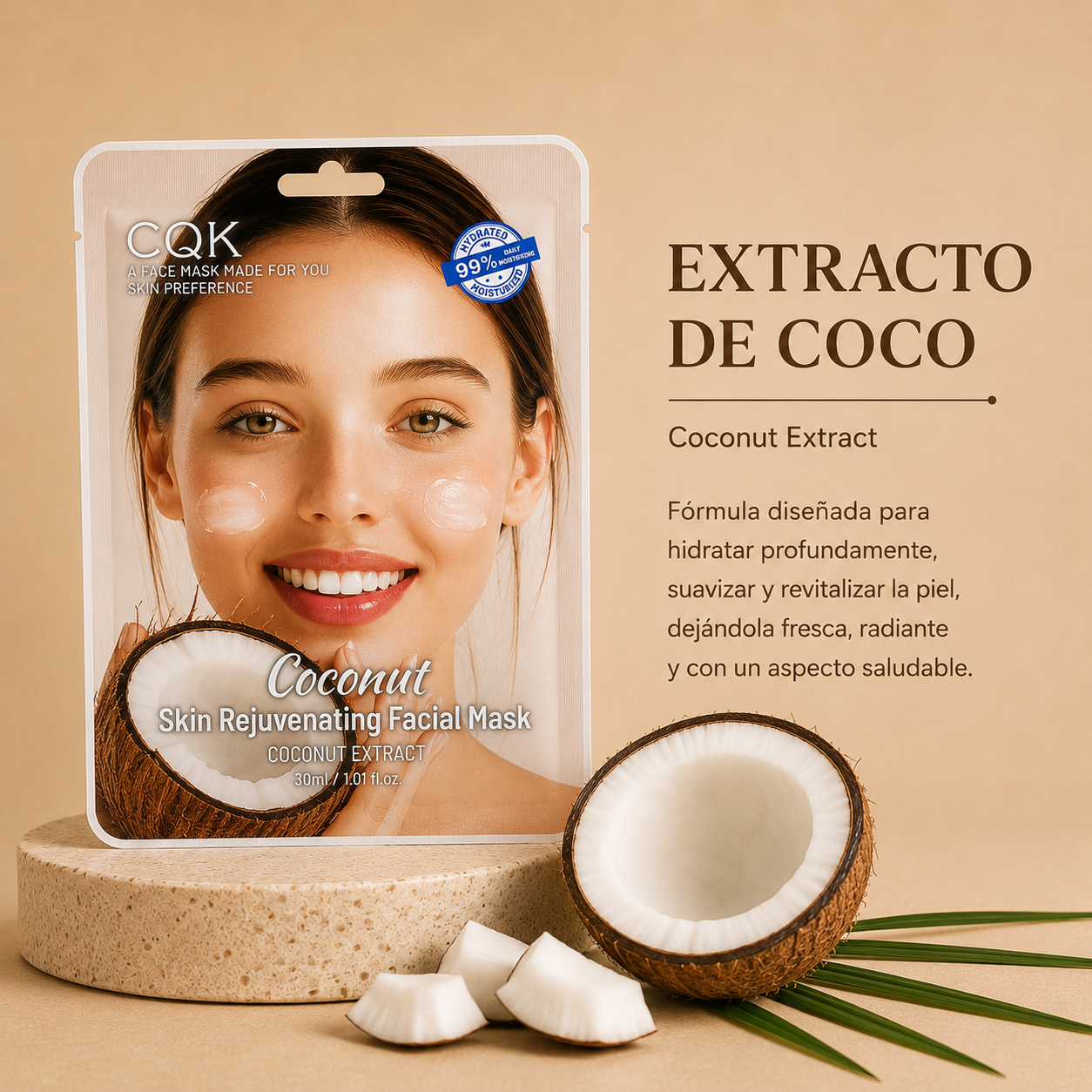Mascarilla facial CQK con extracto de coco para hidratación y suavidad